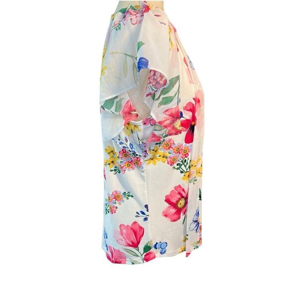 New York & Company Floral Blouse, V Tie Neck, Flutter Sleeve, size Medium - Picture 3 of 12
